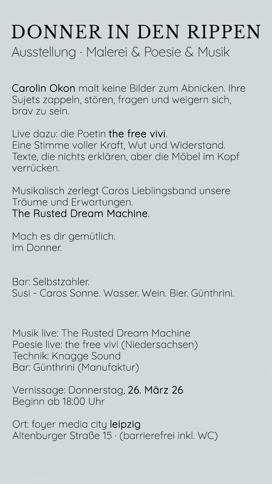 Detailansicht Vernissage Donner in den Rippen – Carolin Okon malt keine Bilder zum Abnicken. Ihre Sujets zappeln, stören, fragen und weigern sich, brav zu sein.